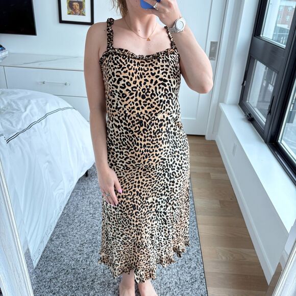 Faithfull The Brand Sleeveless Ruffle Trim Leopard Print Noemie Midi Dress 4 - Picture 6 of 9